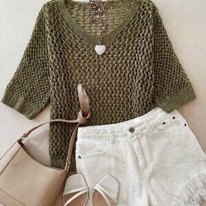 Military Green Casual Women's V-Neck Loose Knit Sweater